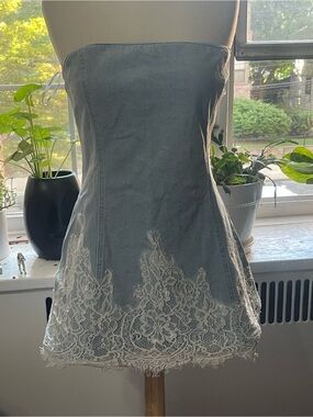 Strapless Lace-Trim Mini Dress in Light Blue